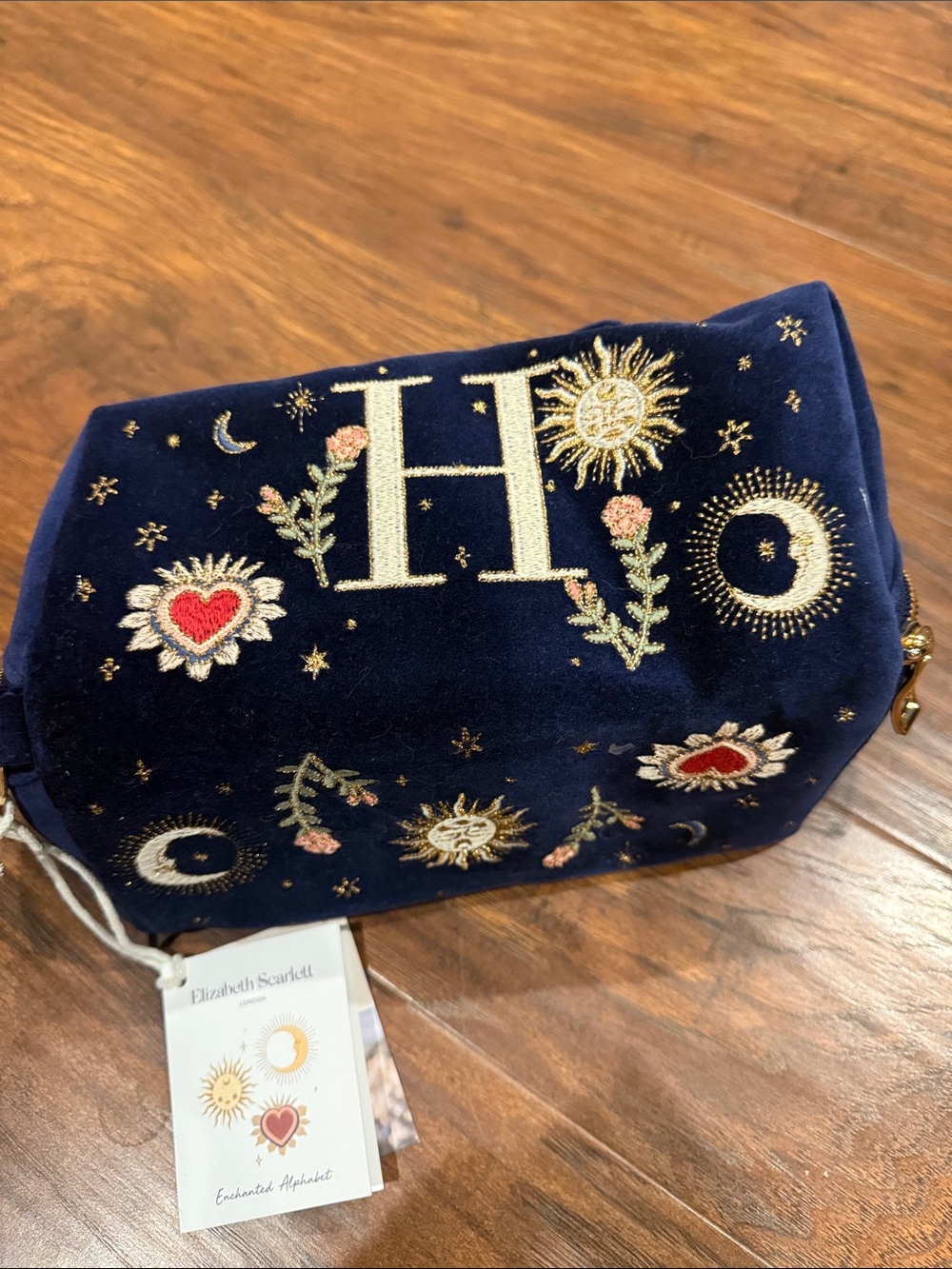 Embroidered “H” Navy Velvet Cosmetic Pouch with Gold Accents - Picture 5 of 5